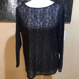 NWT Ann Taylor LOFT Navy Blue Floral Jacquard Sheer Long Sleeved Top-MP